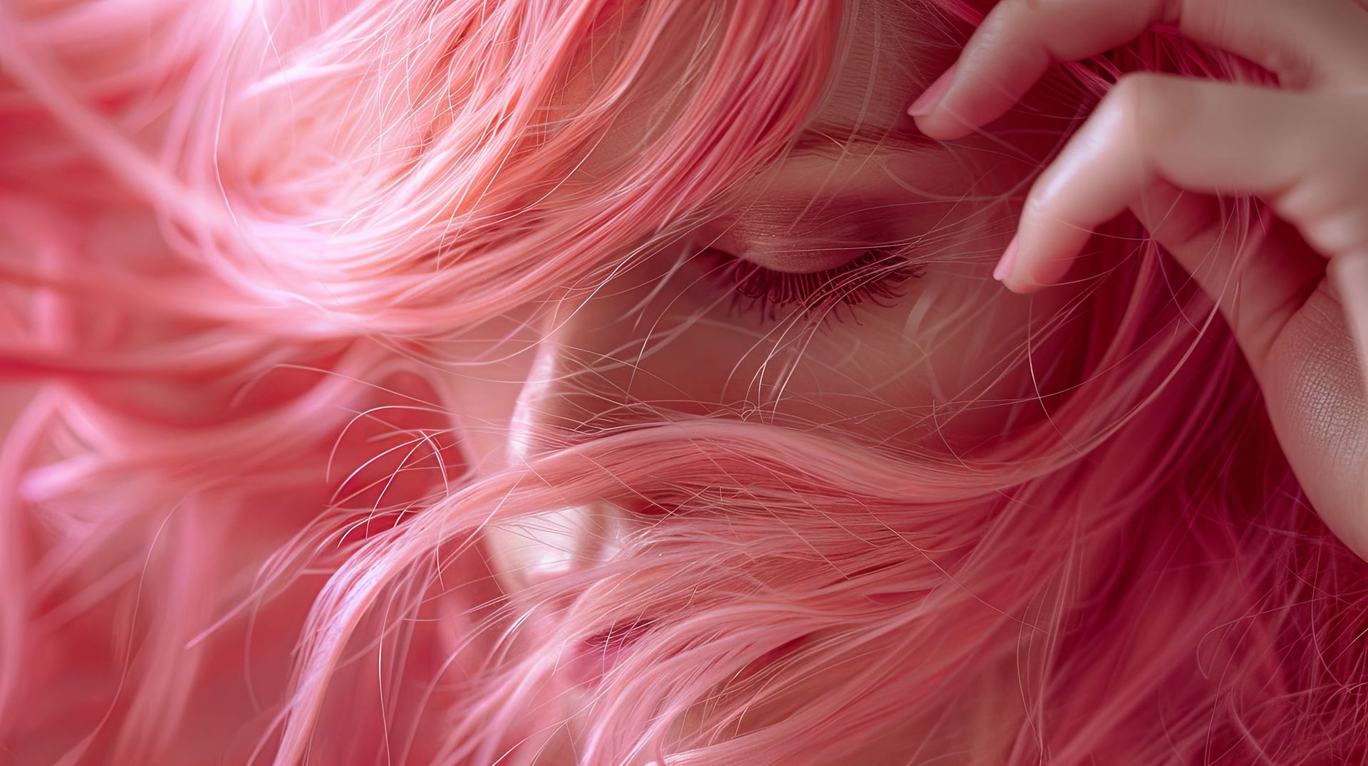 Eine Nahaufnahme des Gesichts einer Frau mit rosa Haaren.