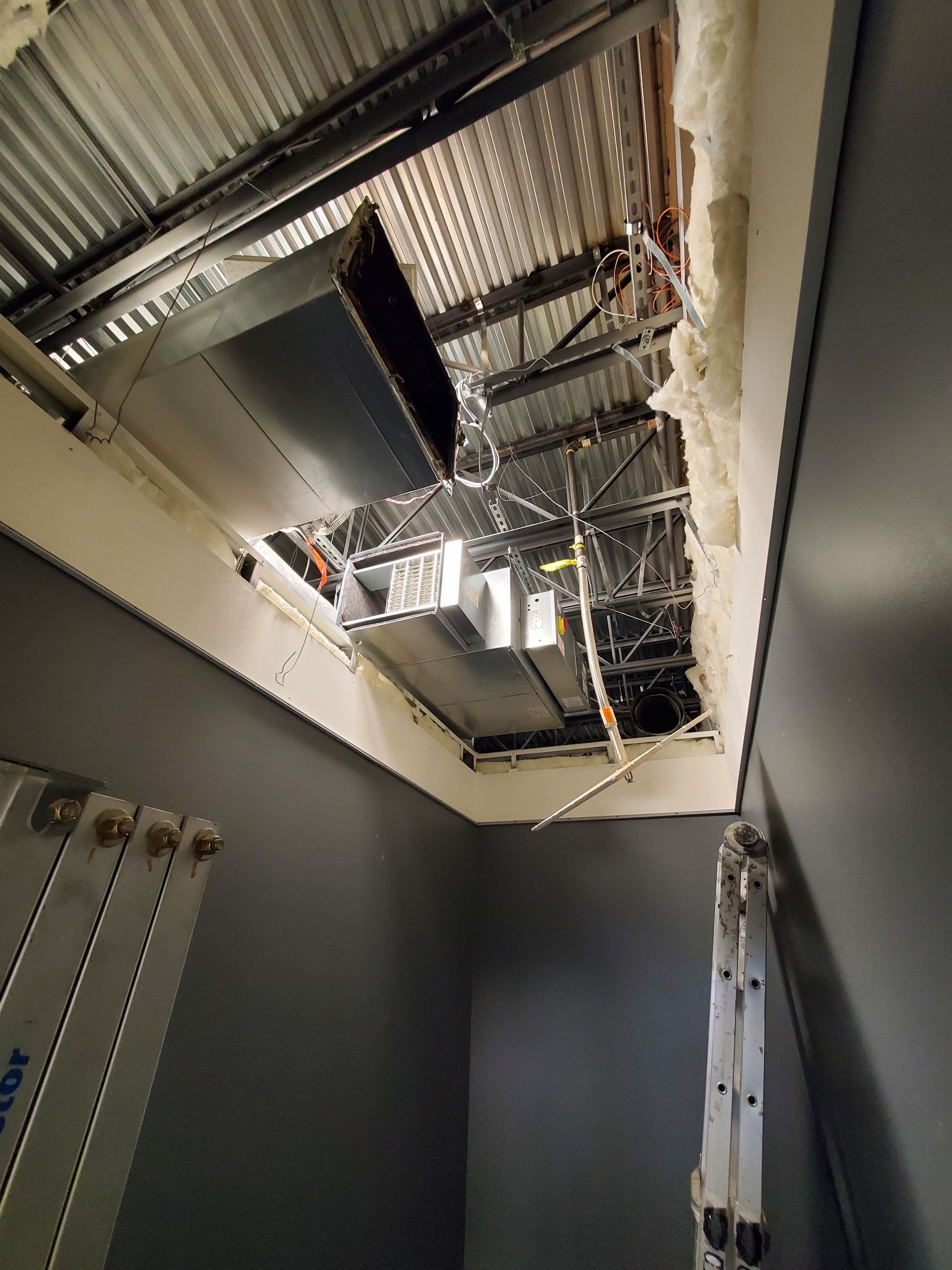 Ceiling damage reveals ductwork and metal roof in a room with dark gray walls; a ladder leans against the wall.