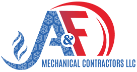 Logo for AF Mechanical Contractors LLC: Blue snowflake-patterned "A" with flame, red "F" with a curved red arc, and text "MECHANICAL CONTRACTORS LLC".