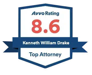 Avvo rating 8.6 for Kenneth William Drake, Top Attorney. Blue and white badge with red numbers and text.