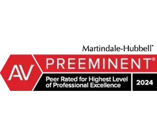 Martindale-Hubbell AV Preeminent rating logo. Red and black with text: Peer Rated for Highest Level of Professional Excellence 2024.