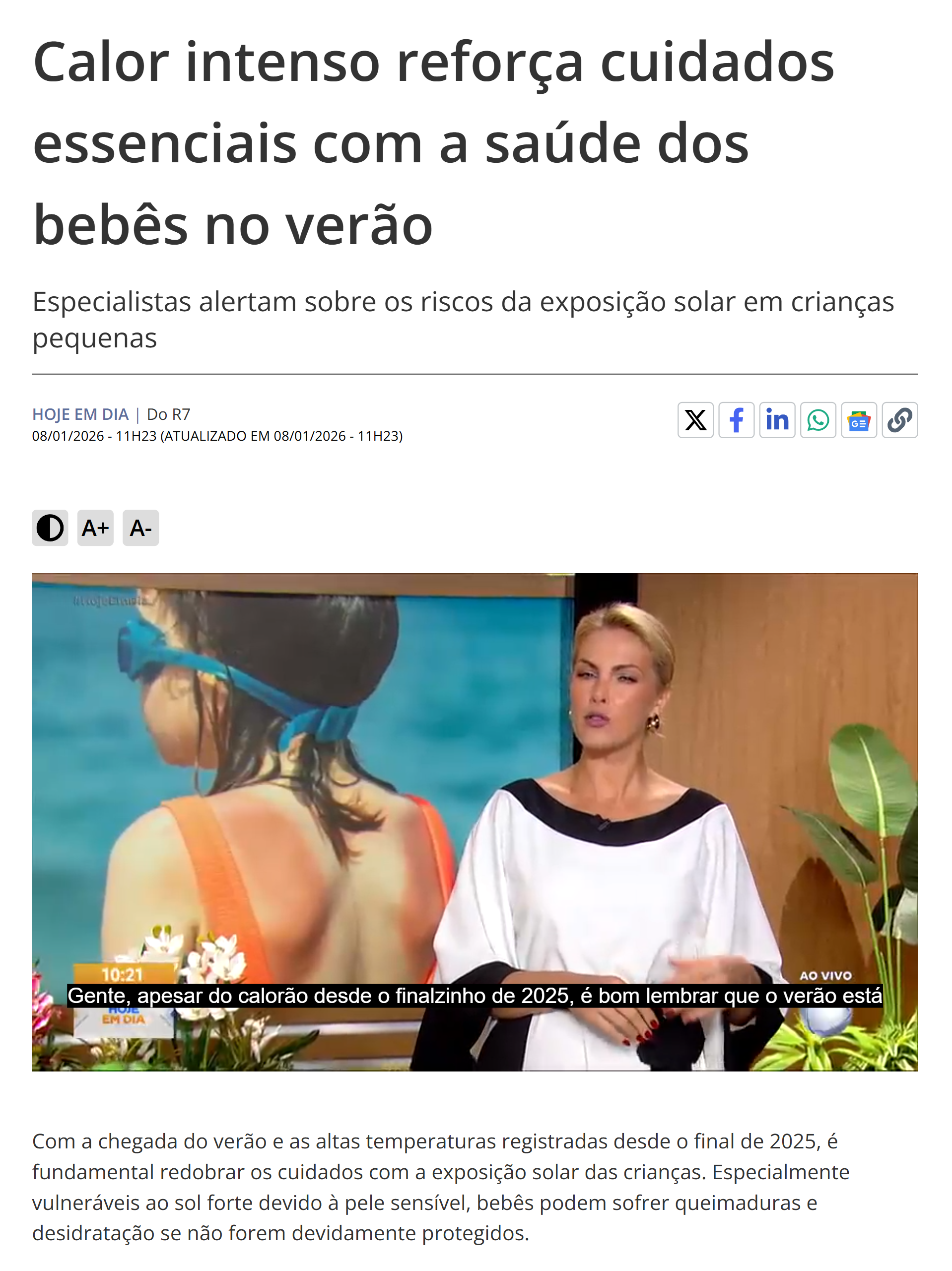 Janeiro de 2026 | Calor intenso reforça cuidados essenciais com a saúde dos bebês no verão | R7