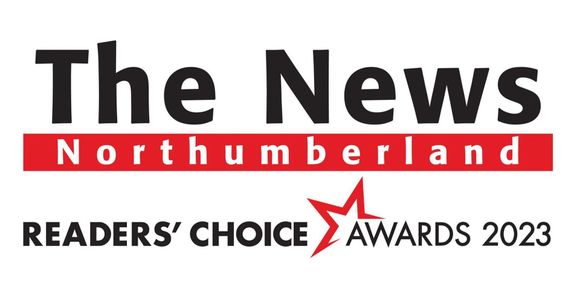Logo for The News Northumberland Readers' Choice Awards 2023, featuring text, a red star, and a red banner.