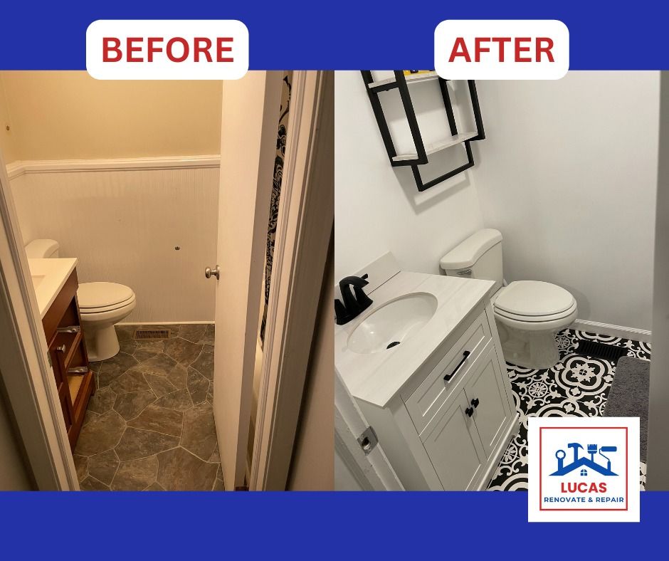 A before and after photo of a bathroom with a sink and toilet.