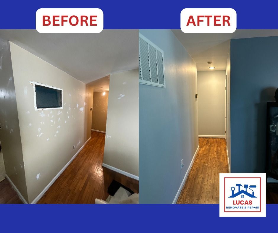 A before and after photo of a hallway with hardwood floors