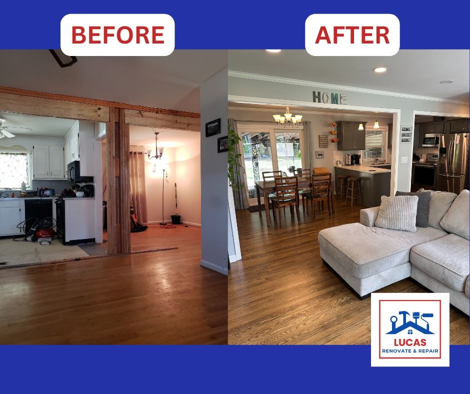 A before and after photo of a living room and kitchen.