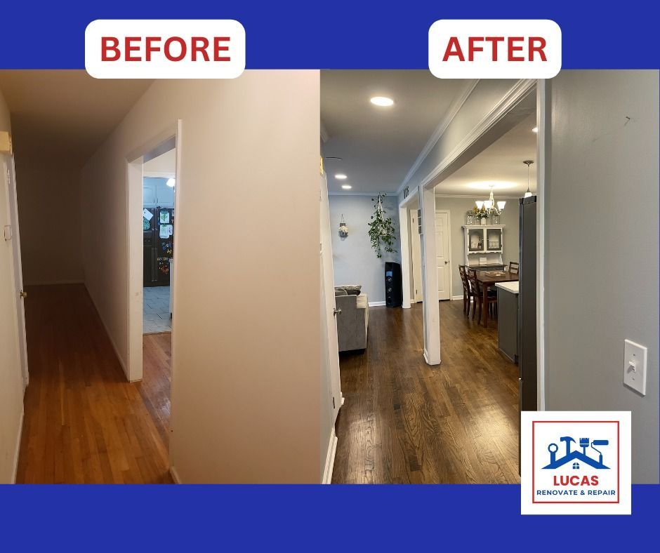 A before and after photo of a hallway with hardwood floors
