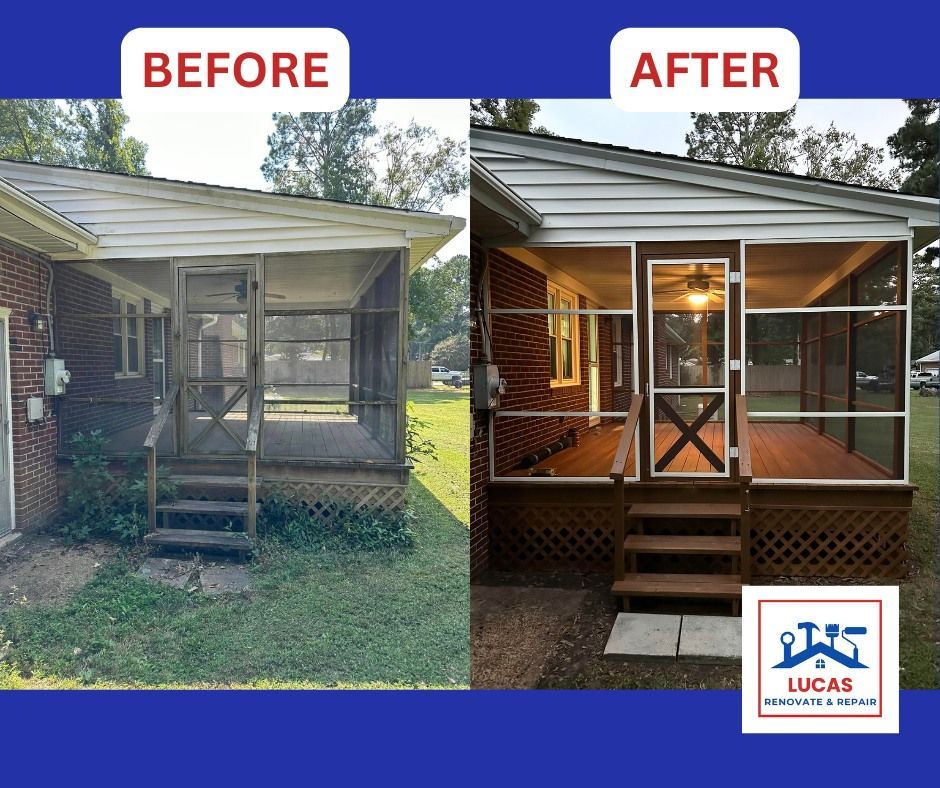 A before and after picture of a screened in porch.
