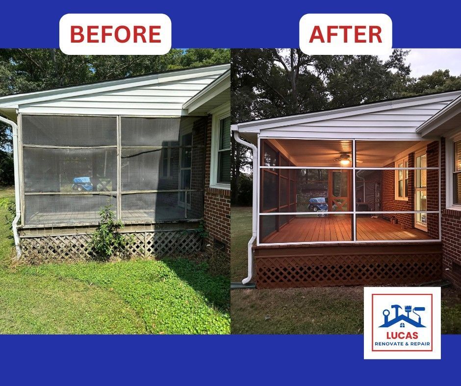 A before and after picture of a screened in porch.
