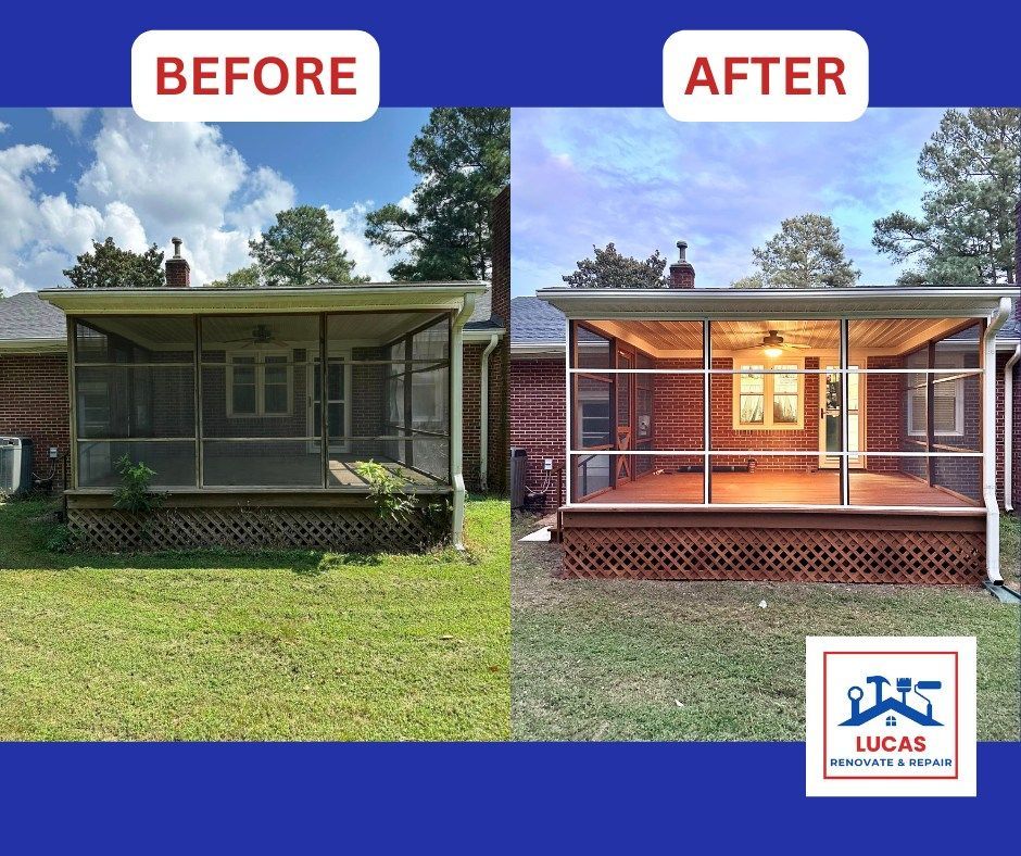 A before and after picture of a screened in porch.