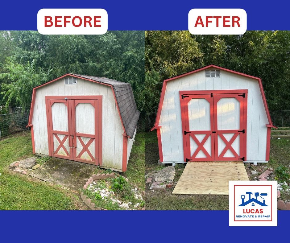 A before and after photo of a barn with red doors.