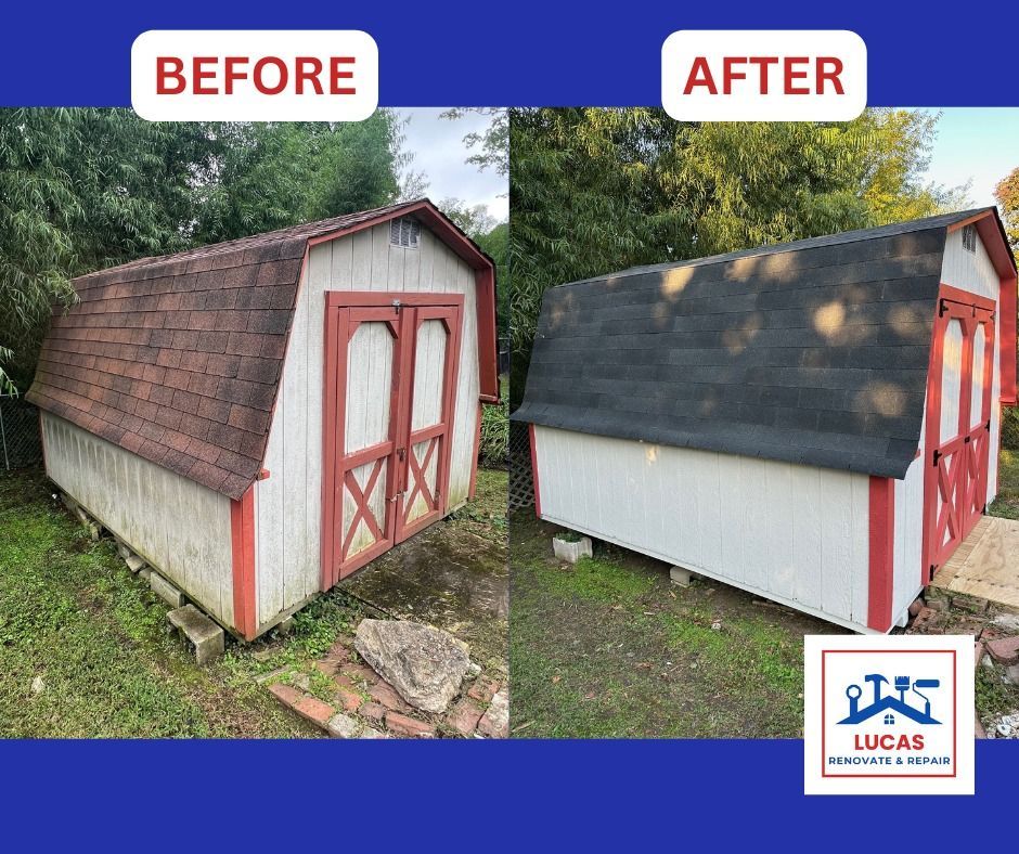 A before and after picture of a barn with a black roof.