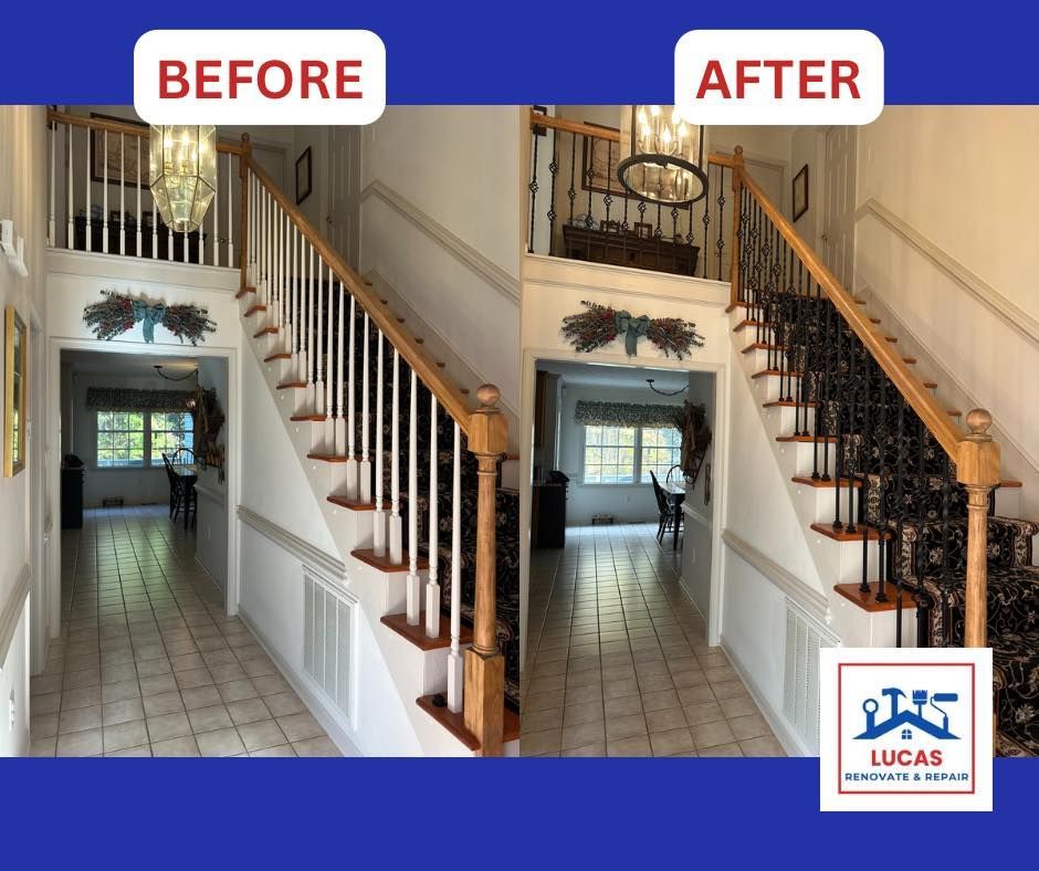 A before and after photo of a staircase in a house