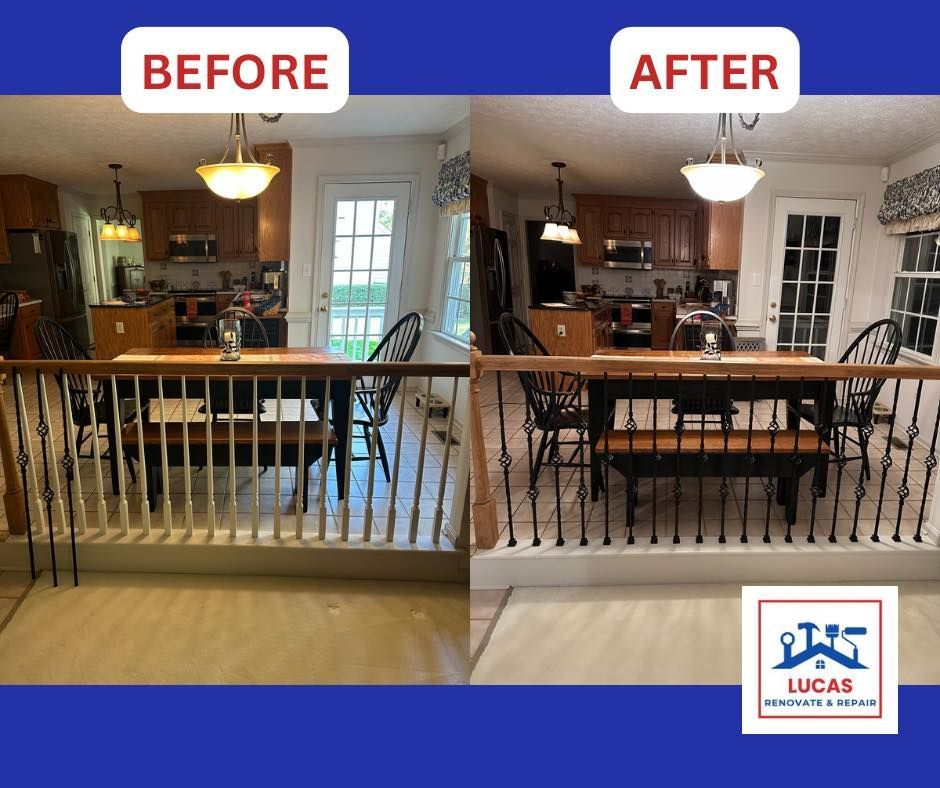 A before and after photo of a kitchen and dining room.
