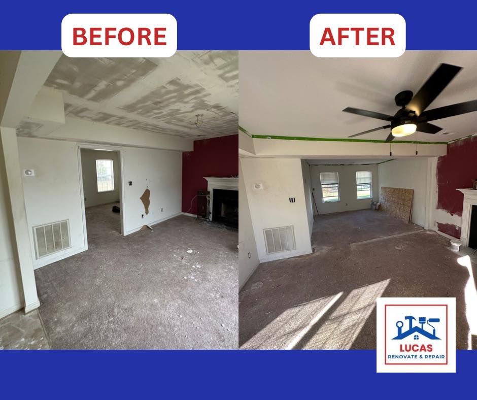 A before and after photo of a living room with a ceiling fan.