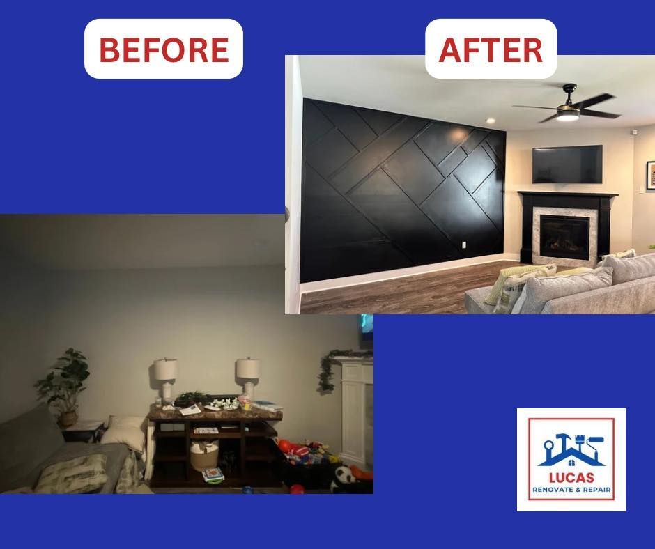 A before and after photo of a living room with a fireplace.