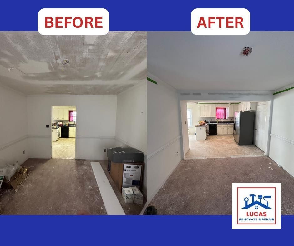 A before and after photo of a living room and kitchen.