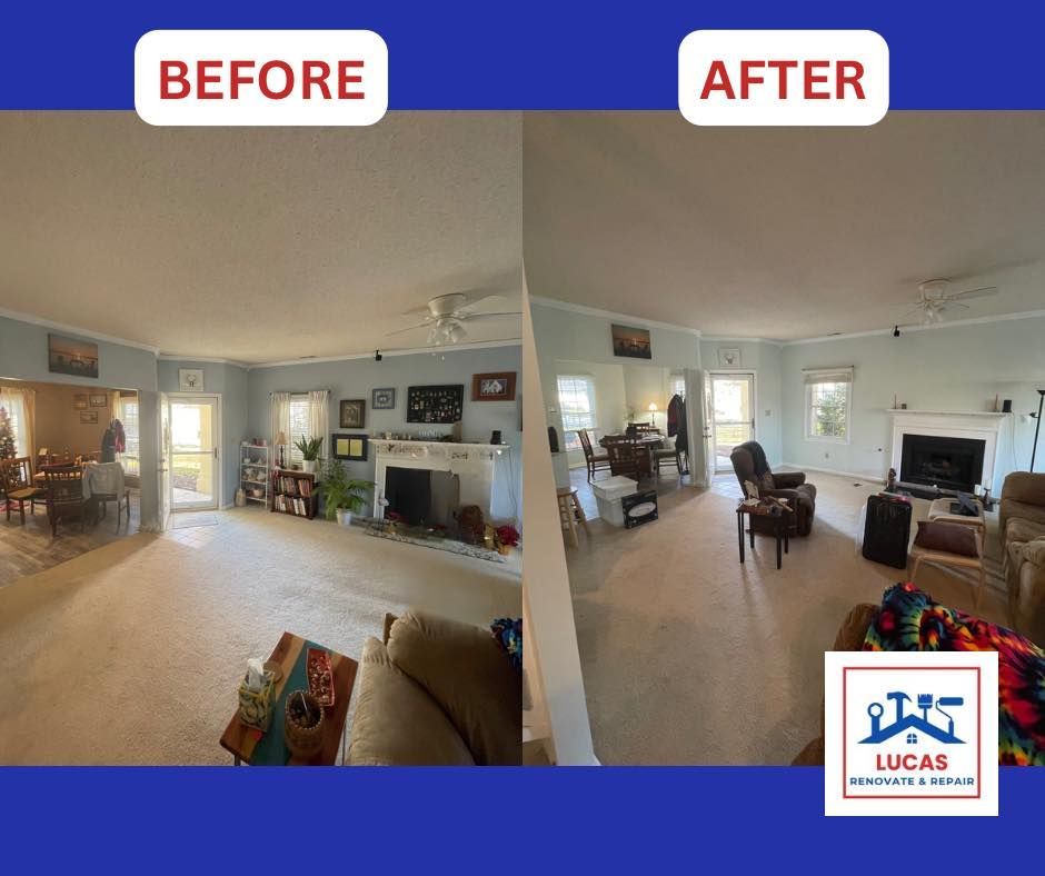 A before and after photo of a living room with a fireplace.