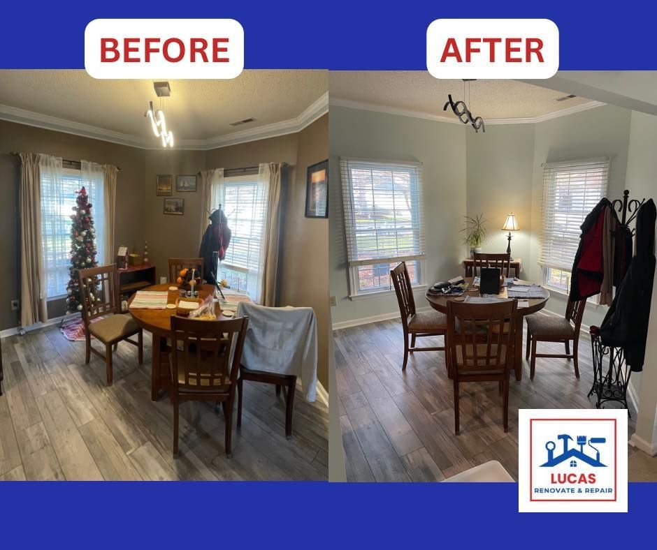 A before and after photo of a dining room with a table and chairs.