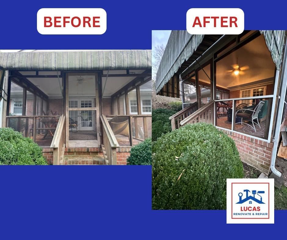 A before and after picture of a screened in porch.