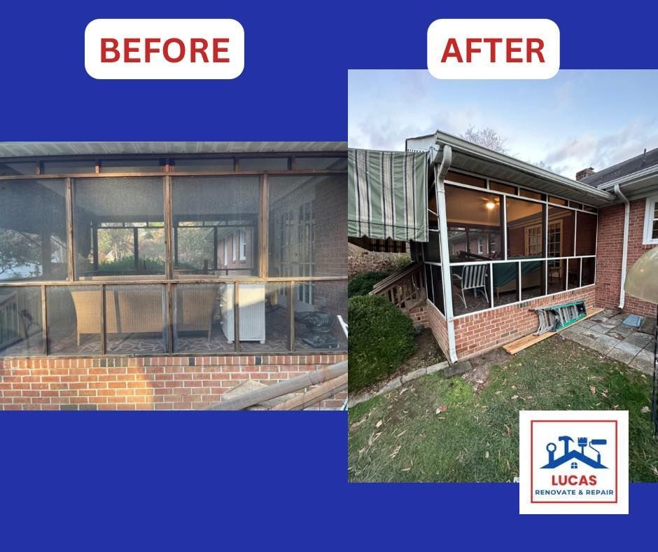 A before and after picture of a screened in porch.