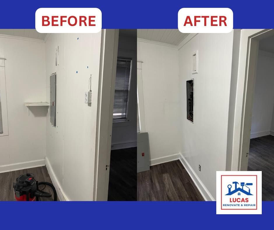 A before and after photo of a room with a vacuum cleaner.