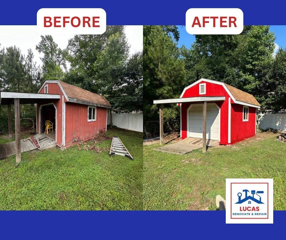 A before and after picture of a red garage.