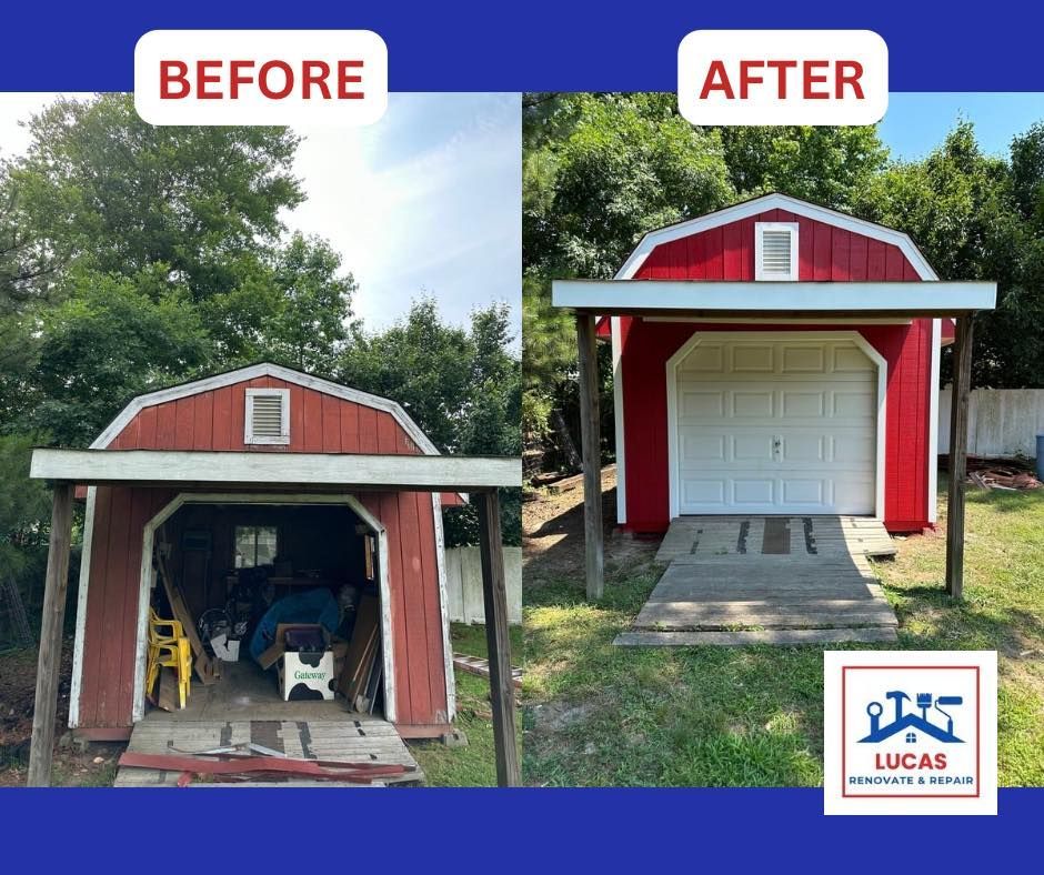 A before and after picture of a red barn garage.