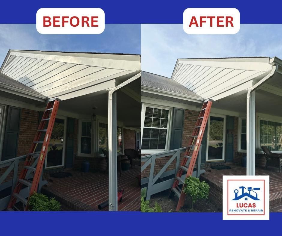 A before and after picture of a house with a ladder on the porch.