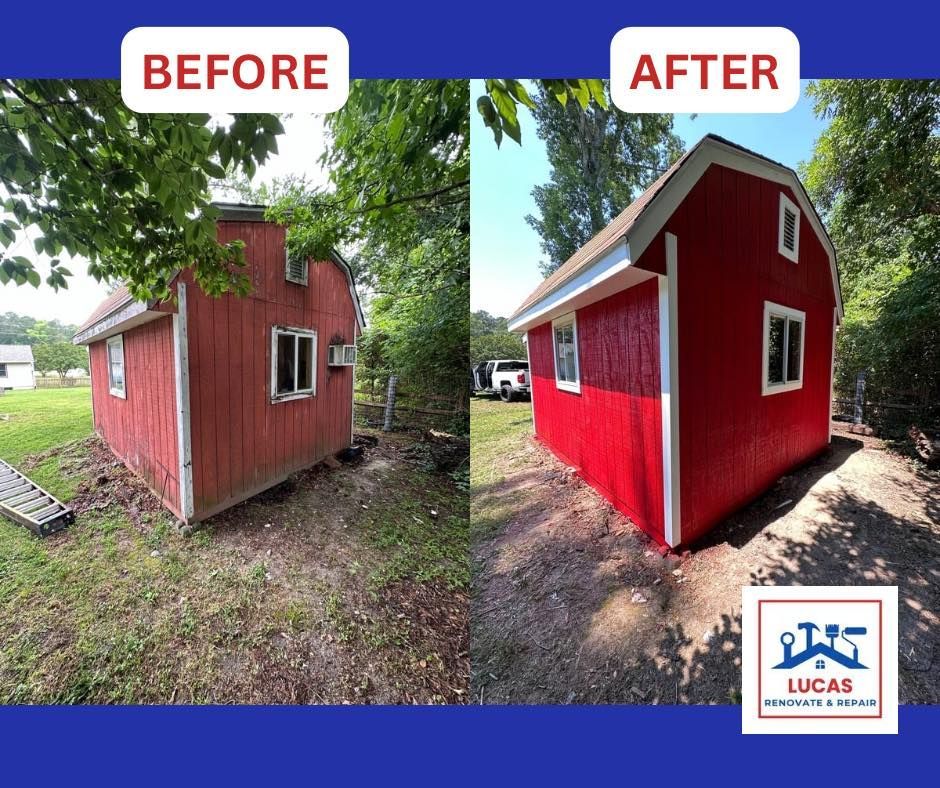 A before and after picture of a red barn being painted red.
