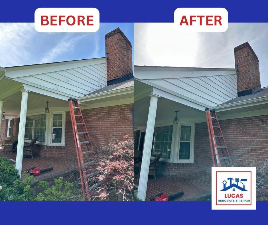A before and after picture of a house with a ladder on the porch.