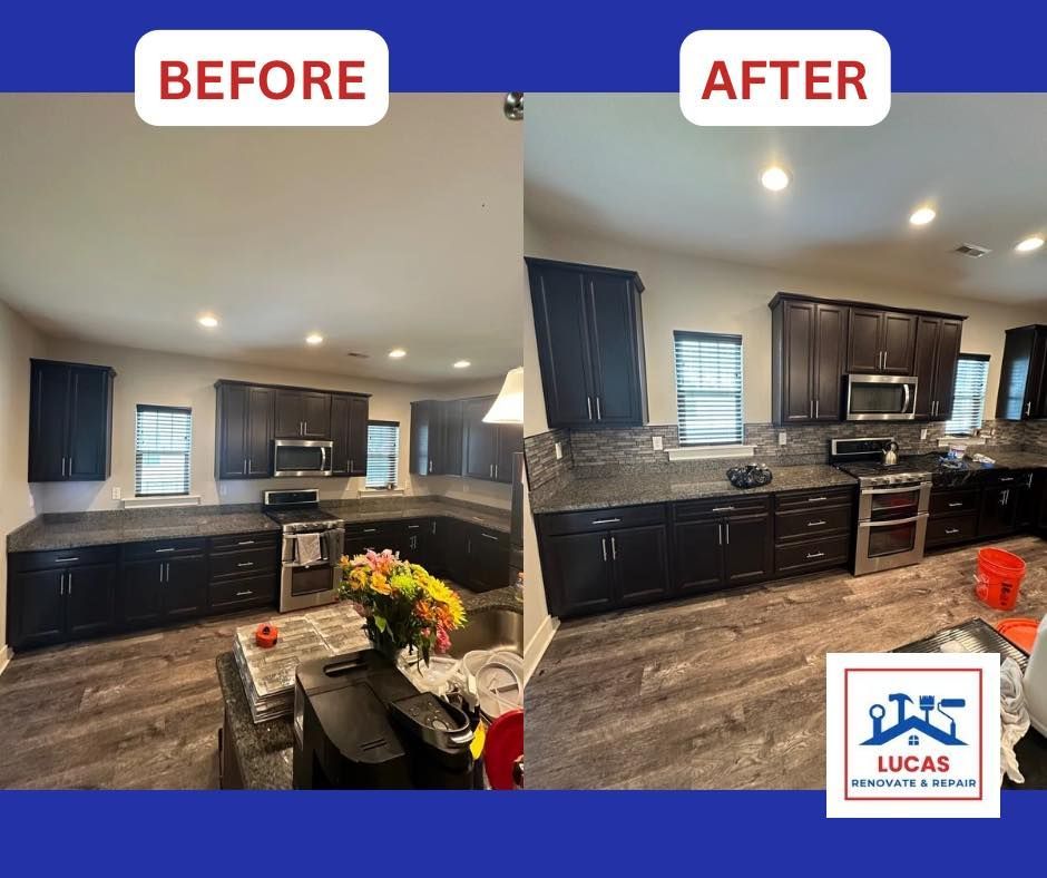 A before and after photo of a kitchen with black cabinets and stainless steel appliances.