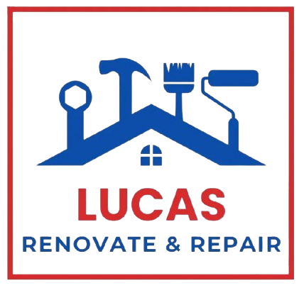 A logo for Lucas Renovate & Repair with a house and tools on it