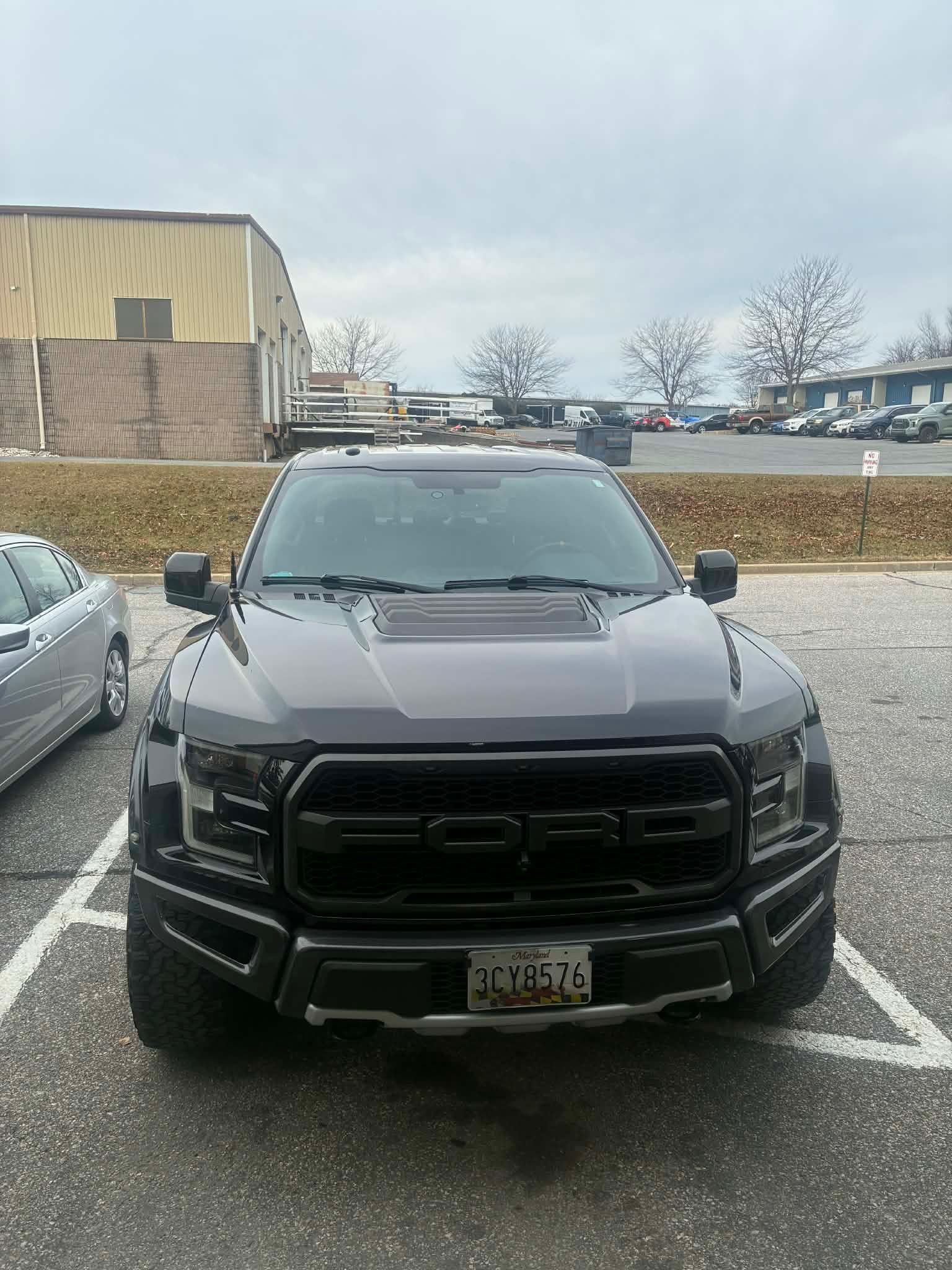 Black Ford Raptor truck parked in a lot, overcast sky.