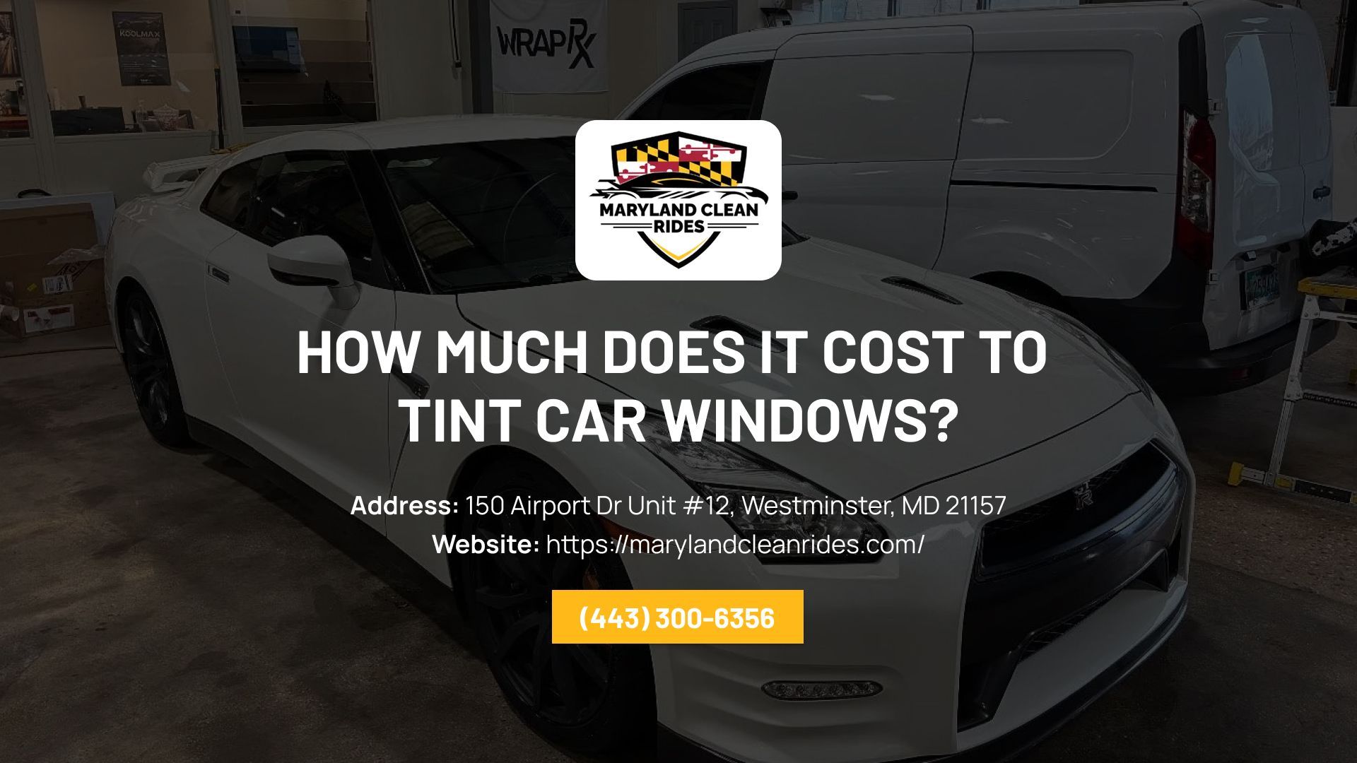 White car with tinted windows. Text: 