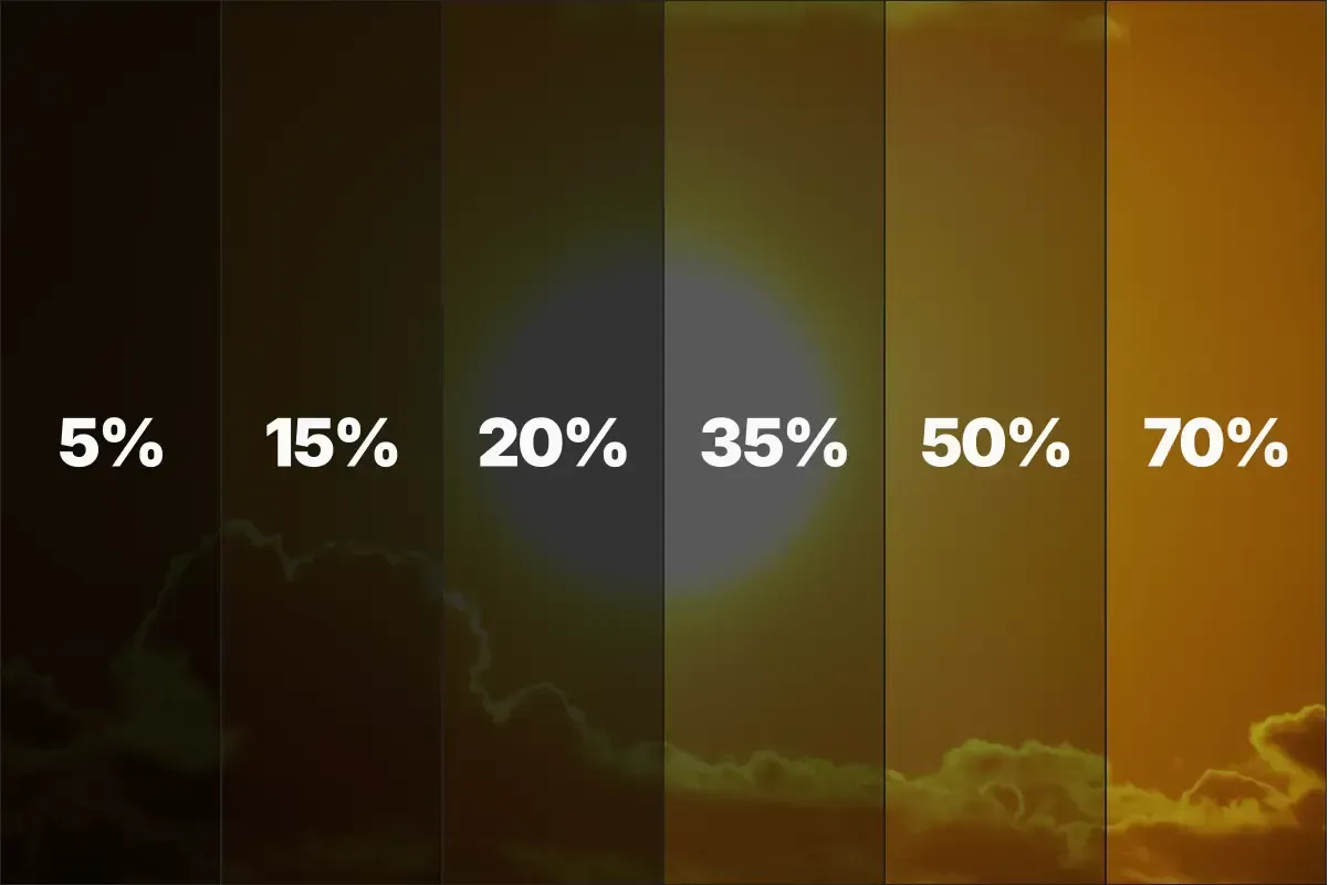 Window tint darkness levels, ranging from 5% to 70%, with a sunlit background visible through each.