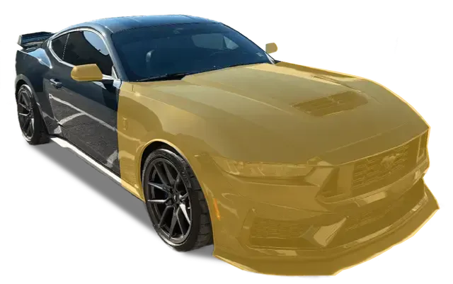 Mustang car with a gold-colored front section; the rest is dark gray.