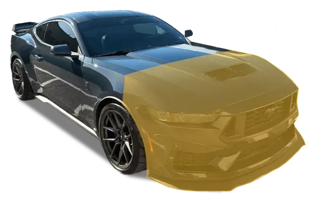 Gold-highlighted front of a gray Ford Mustang, showcasing potential modification options.