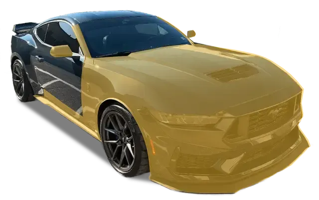 Mustang sports car, half black and half gold, on a white background.