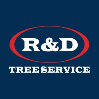 R&D Tree Service logo on a blue background with white text and a red oval outline