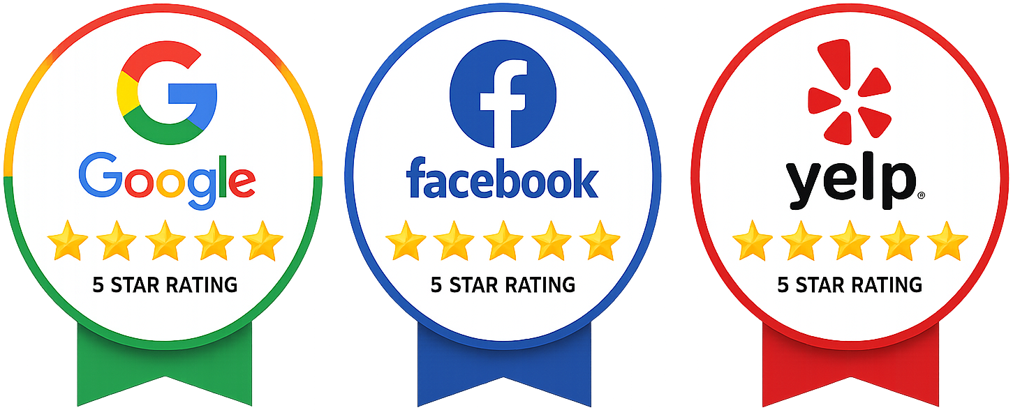 Google, Facebook, and Yelp 5-star rating badges in red, blue, and green