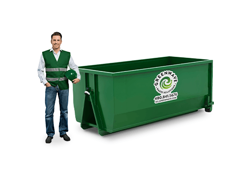 A silhouette of a man standing next to a green dumpster with the number 10 on it.