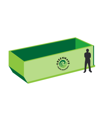 A man is standing next to a green dumpster with the number 30 on it.