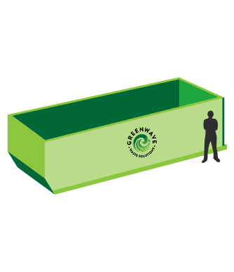 A man is standing next to a green dumpster with the number 40 on it.