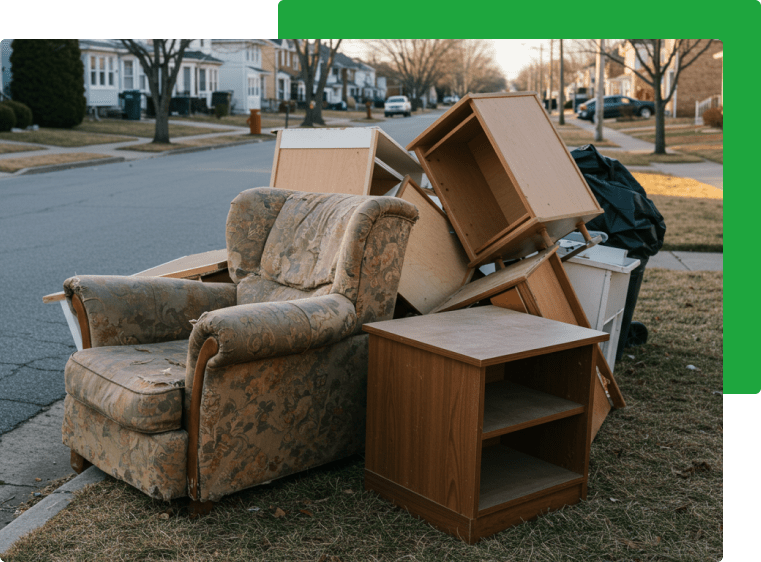 A green dumpster filled with cardboard boxes is sitting on the side of the road.