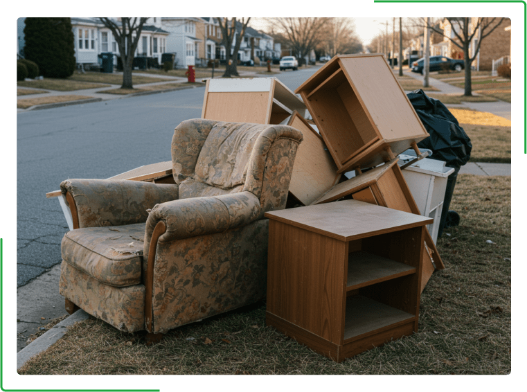A green dumpster filled with cardboard boxes is sitting on the side of the road.