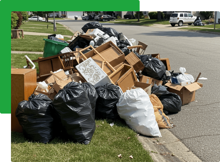 A green dumpster filled with cardboard boxes is sitting on the side of the road.