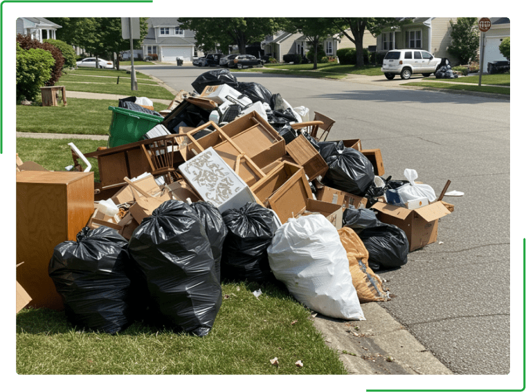 A green dumpster filled with cardboard boxes is sitting on the side of the road.