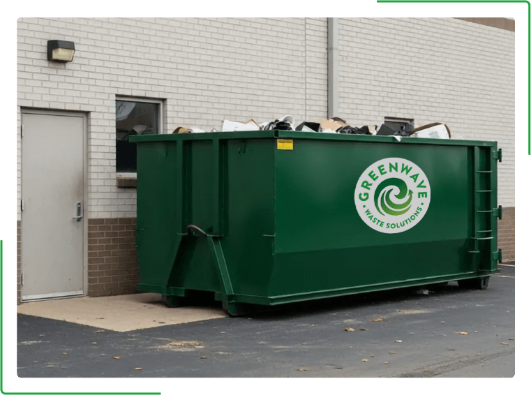 A green dumpster filled with cardboard boxes is sitting on the side of the road.
