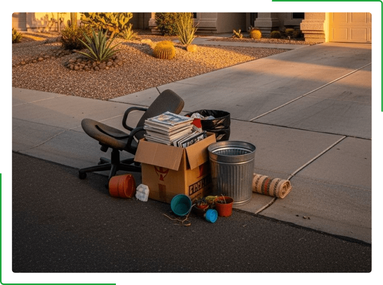 Green dumpster trailer parked on a street in front of a store, with two people walking by.